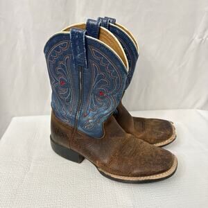 Ariat Quickdraw Western Boot Boys Size 1 Square Toe Brown Blue Cowboy